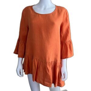Bryn Walker Womens Size S Orange Linen Asymmetrical Peplum Blouse Lagenlook Boho
